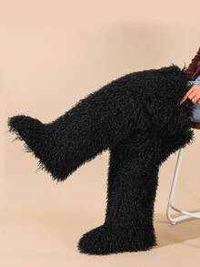 Women's Thigh-High Fur Boots, Over-The-Knee Fluffy High Boots, Women's Fur High Boots - Black - View 4