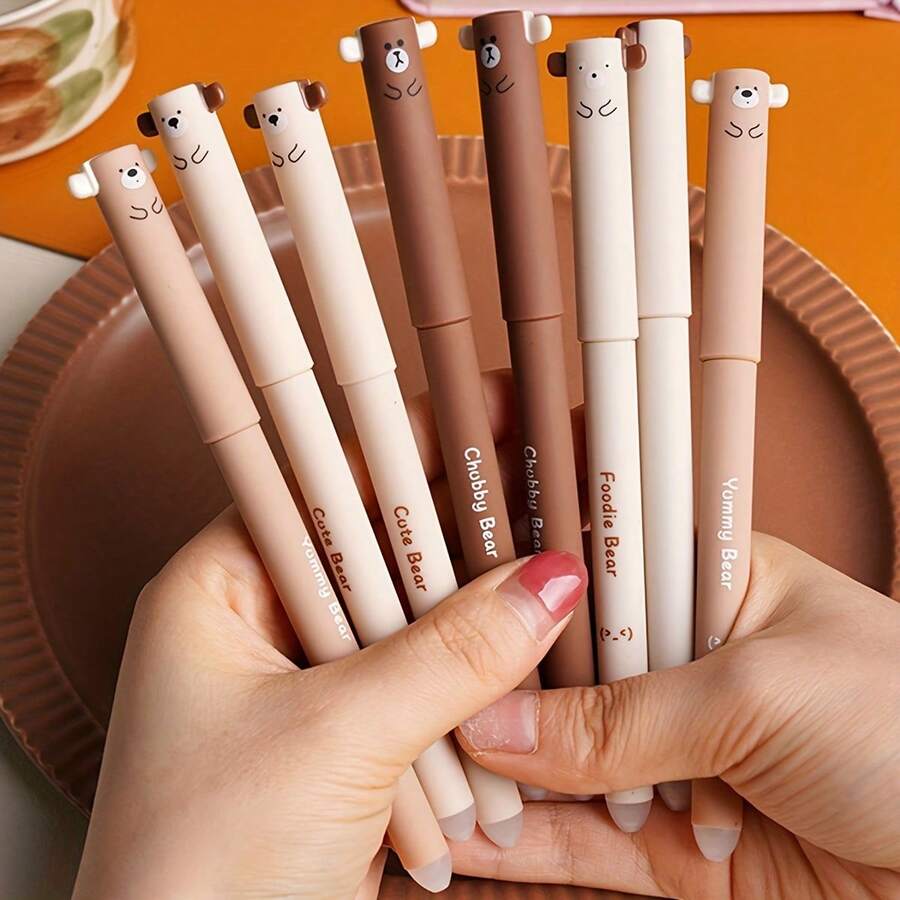 4支/套 小熊造型可擦笔，卡通热感消失摩卡色笔，素描笔，可爱设计，趣味风格，耐用，高品质墨水，麻糬笔，新奇笔，学生适用 - 彩色 - 查看 1