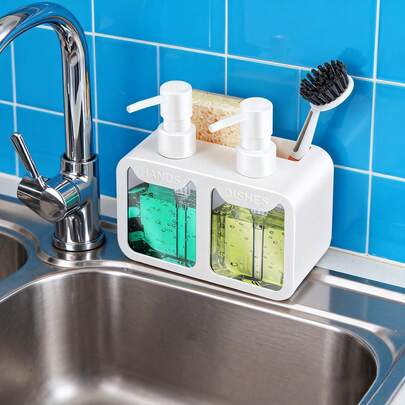 4-i-1-tvåldispenserset för köksbänkskiva med svamphållare och borsthållare, inkluderar flytande handtvål och diskmedelsdispensrar, moderna rengöringsverktyg för heminredning