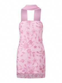 Women Summer Mini Bandeau Dress Sleeveless Off Shoulder Flower Embroidery Tube Top Dress With Scarf - Hồng - Xem 3