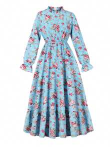 2025 Spring/Autumn Elegant Loose Floral Print Long Sleeve Stand Collar Casual Beach Vacation Dress - Baby Blue - View 1