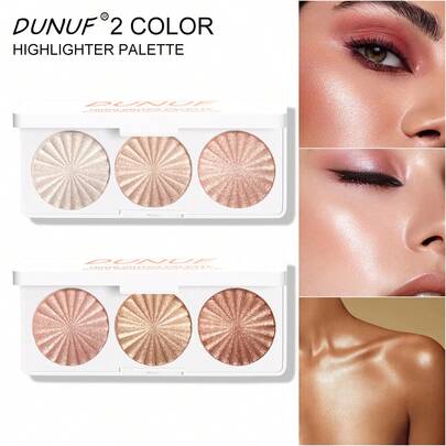 DUNUF 1pcs & 2pcs Highlighter Palette- Waterproof, Long-Lasting , Multi-Use For Blush, Contour& Eyeshadow, Natural Vibrant Shades From Light Pink To Golden Glitter, Face Highlighting|Portable Makeup|Longlasting Wear 3-Color