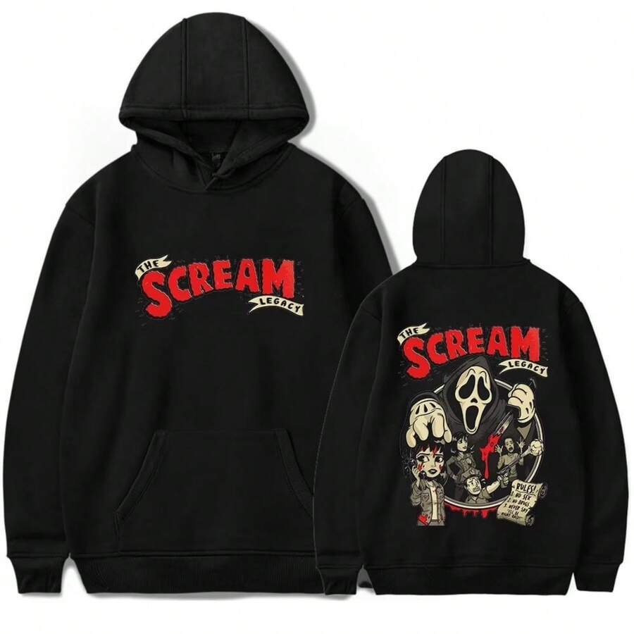 Scream Series Themed Hoodie (Ghostface + Character Print Design - 黑色 - 查看 1