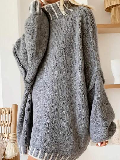 プラスサイズの女性用 エレガントな大人しっとりとしたコントラストカラーのタートルネック ルーズニットプルオーバーセーター、秋冬用