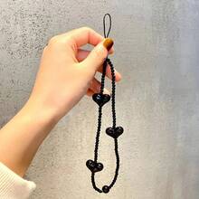 1pc Simple DIY Black Heart Bead Phone Chain CCD Beaded Earphone Bag Packaging Bracelet Lanyard Chain
