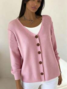 Women's Solid Color Ribbed Front Button Ribbed Knit Casual Elegant Long Sleeve Sweater, Suitable For Spring And Autumn - Baby Pink - View 6