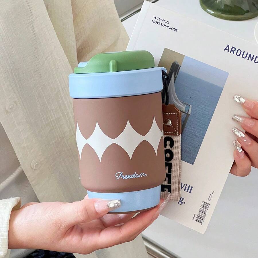 Double-Lid Rotating Coffee Mug, Insulated Tumbler, Portable, Cute, Simple, Stainless Steel - TB5015-brown Blue (Ceramic Inner Liner) - View 1