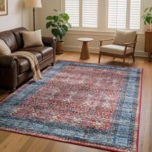 5x7 Vintage Area Rug For Living Room Bedroom, Machine Washable Non Slip Indoor Rug, Thin Throw Floral Low Pile Distressed Carpet For Office Nursery Dining Room Red/Blue, Modern Chic Design - 紅色 - 查看 5