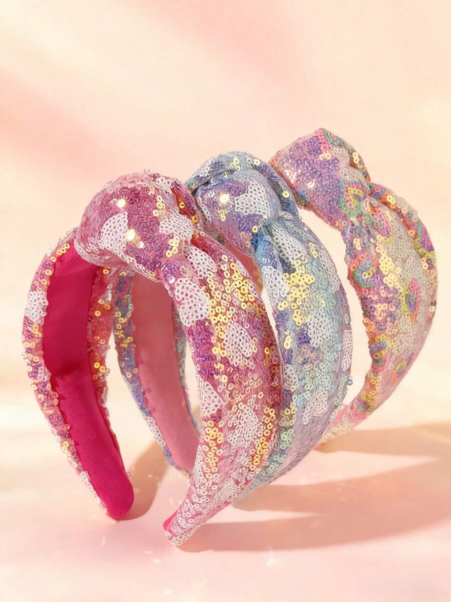1pc Girls Colorful Sequin Mesh Knotted Headband, Retro European Style Fashion Hair Hoop, Versatile For Valentine's Day, Back To School, Gift - Multicolor - View 1