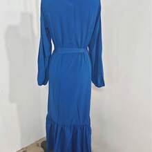 Elegant Women's Navy Blue Dress, Sexy Deep V-Neck Puff Sleeve Design, Summer Fashion,Modest - Blue - View 3