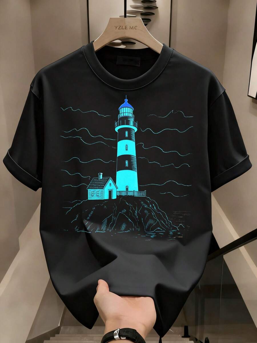 Men's Short-Sleeved T-Shirt, 100% Cotton, Printed, Combed Cotton, Washable, Breathable, Casual Style That Doesn't Make You Sweat. CLSH - 黑色 - 查看 1