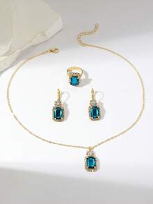 Women's Jewelry Set - Luxury Elegant Blue Sapphire Rhinestone Edged Earrings, Ring, Necklace 3 Pieces Set, Suitable For Evening Gala/New Year Party, Exquisite Accessories For Gifts, Confessions, Surprises, Campus Romance, Proposals, And Weddings - Multicolor - View 3