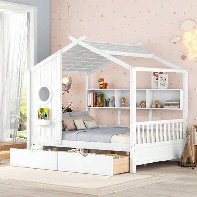 Wooden Full Size House Bed With 2 Drawers,Kids Bed With Storage Shelf, White