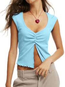 Women Tank Tops V Neck Sleeveless Ruched Slim Fit High Slit Hem Summer Cropped Vest Shirts - 天藍 - 查看 1