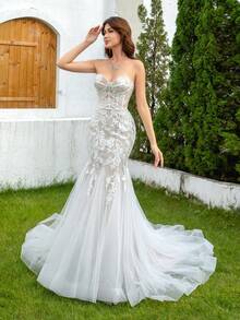 YOUKEFEIER [2025 New] Strapless Mermaid Wedding Dress, Sheer Mesh, Waist-Cinching Silhouette, Trailing Design, Bridal Gown/Reception Dress, Suitable For Wedding Ceremony & Evening Banquet - Beige - View 2