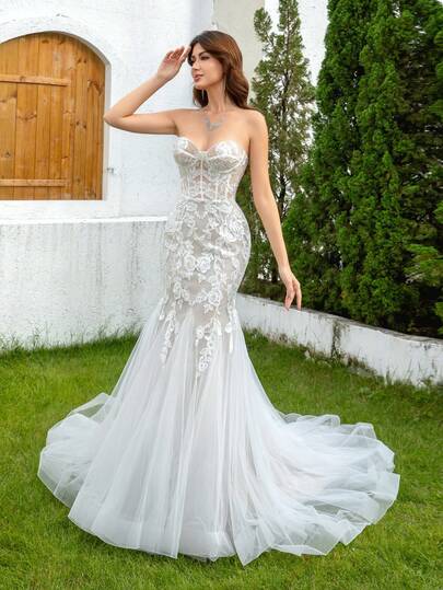 YOUKEFEIER [2025 Ny] Axelbandslös sjöjungfruklänning, transparent mesh, midjebegränsande silhuett, släpande design, brudklänning/mottagningsklänning, lämplig för bröllopsceremoni och kvällsbankett