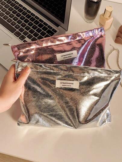 1pc Metallic Snake Skin Pattern Cosmetic Bag, Glossy PU Leather, Large Capacity, Portable Travel Toiletry Bag, Soft Zipper Handbag, Women's Makeup Bag, Personalized Cosmetic Pouch, Travel, Makeup Case, Handheld Storage Bag, Beauty Box, Holiday Essential, Valentine's Day, New Year, Wedding, Party Decor Gift