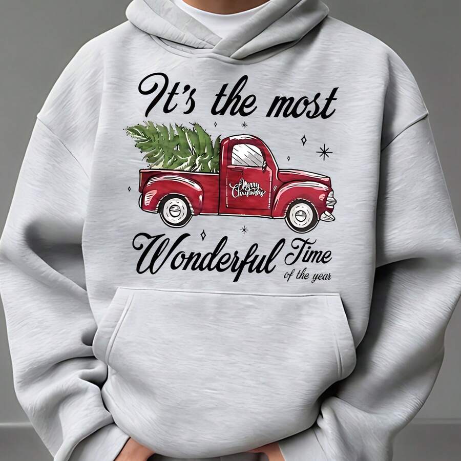 2026 New Men's Hoodie, Gray Hoodie With Red Truck And Christmas Tree Print, "It's The Most Wonderful Time Of The Year" Text, For Daily Use, Christmas Parties, Winter Season, Comfortable And Versatile Everyday Outfits - 淺灰色 - 查看 1