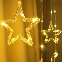 1条3米长USB月亮星星窗帘灯串，带遥控器，8种灯光模式，USB供电LED灯串，适用于圣诞节、开斋节、斋月装饰，可悬挂于家中、清真寺、派对、伊斯兰庆典等场所。 - USB月抱星皮線窗簾燈 - 查看 11