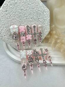 10PCS Y2K Pink Jirai Kei Cute Long Handmade Press On Nails Shibuya Gyaru Bow Heart Cross Diamond Stiletto Fake Nails Crown Nail Art Nails Supplies(1 Sheets Jelly Stickers+1PC Nail File) Handmade Press On Nails - Pink - View 2