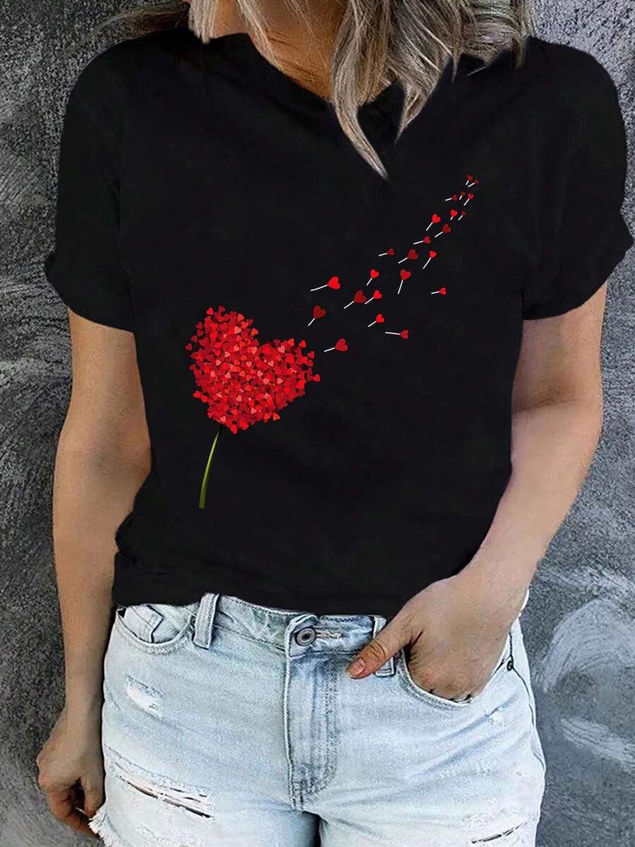 1 camiseta con estampado digital divertido corazones, pétalos, dispersión, rojo 180g, serie clásica, camiseta de manga corta para mujer, 100% algodón, cuello redondo retro casual - Negro - Ver 1
