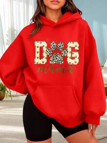 Fashionable Outdoor Hooded Sweater For Women. Black Hoodie With Dog Paw Print And "Dog Mama" Text For Dog Lovers. Casual Style. Perfect For Dates, Outings, And Holiday Gifts. - 紅色 - 查看 6
