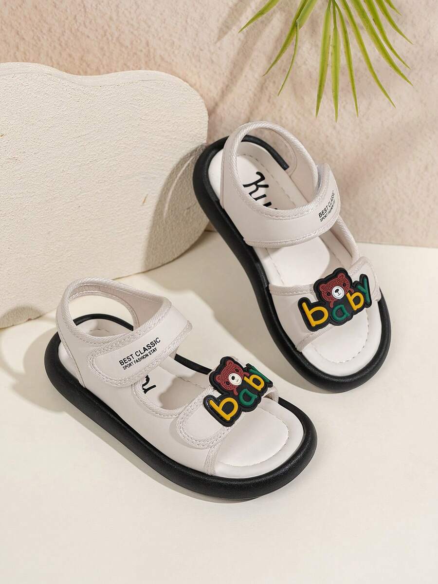 1双儿童熊图案休闲百搭魔术贴软底防滑新款凉鞋，露趾设计，适合小学生穿着 - 米色 - 查看 1