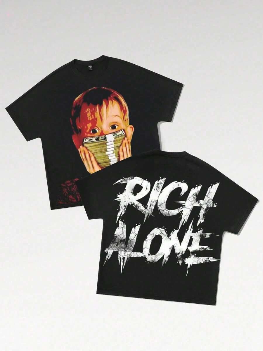 Double-Sided Tops For Women Rich Alone Print Short Sleeve Tee Tops Casual Round Neck T Shirts, American Steetwear Style T-Shirt - 黑色 - 查看 1