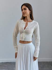 Women's Cardigan Sweater, Long Sleeve Top, Geometric Pattern Knitted Drawstring Casual Business Jacket, Suitable For Outings, Daily Wear In Spring, Autumn And Summer - Apricot - View 7