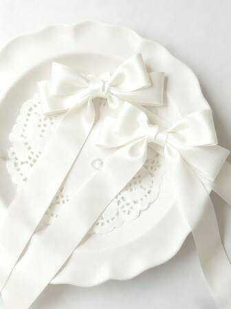 2pcs White Satin Oversized Bow Hair Clips, Elegant Multipurpose Salon Style Hair Accessories For Women, Suitable For Weddings, Parties, Holidays, And Daily Wear