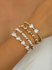 Set de 4 piezas de pulseras elegantes y versátiles con diseño de lazo, perlas falsas y cuentas doradas con forma de corazón, un regalo dulce y elegante para cumpleaños, vacaciones, uso diario, fiestas y festivales - 4 - Ver 7