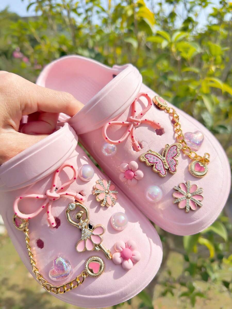 16pcs DIY Hollow Wooden Clogs Accessories, Pink Sequin Rhinestone Angel, Butterfly, Flower, Heart Shape Chain Shoe Charms Decorations, Suitable For Mules, Slides, Garden Shoes, Beach Bags, Removable Ornaments, Holiday Gifts, All Season