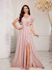 V-Neck Solid Color Chiffon Elegant Crossed Floral 3D Floral High Slit Hem Bridesmaid Dress - Pink - View 3