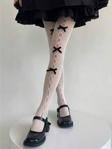1双洛丽塔蝴蝶结渔网袜，薄款性感镂空连裤袜，白色 - 彩色 - 查看 3