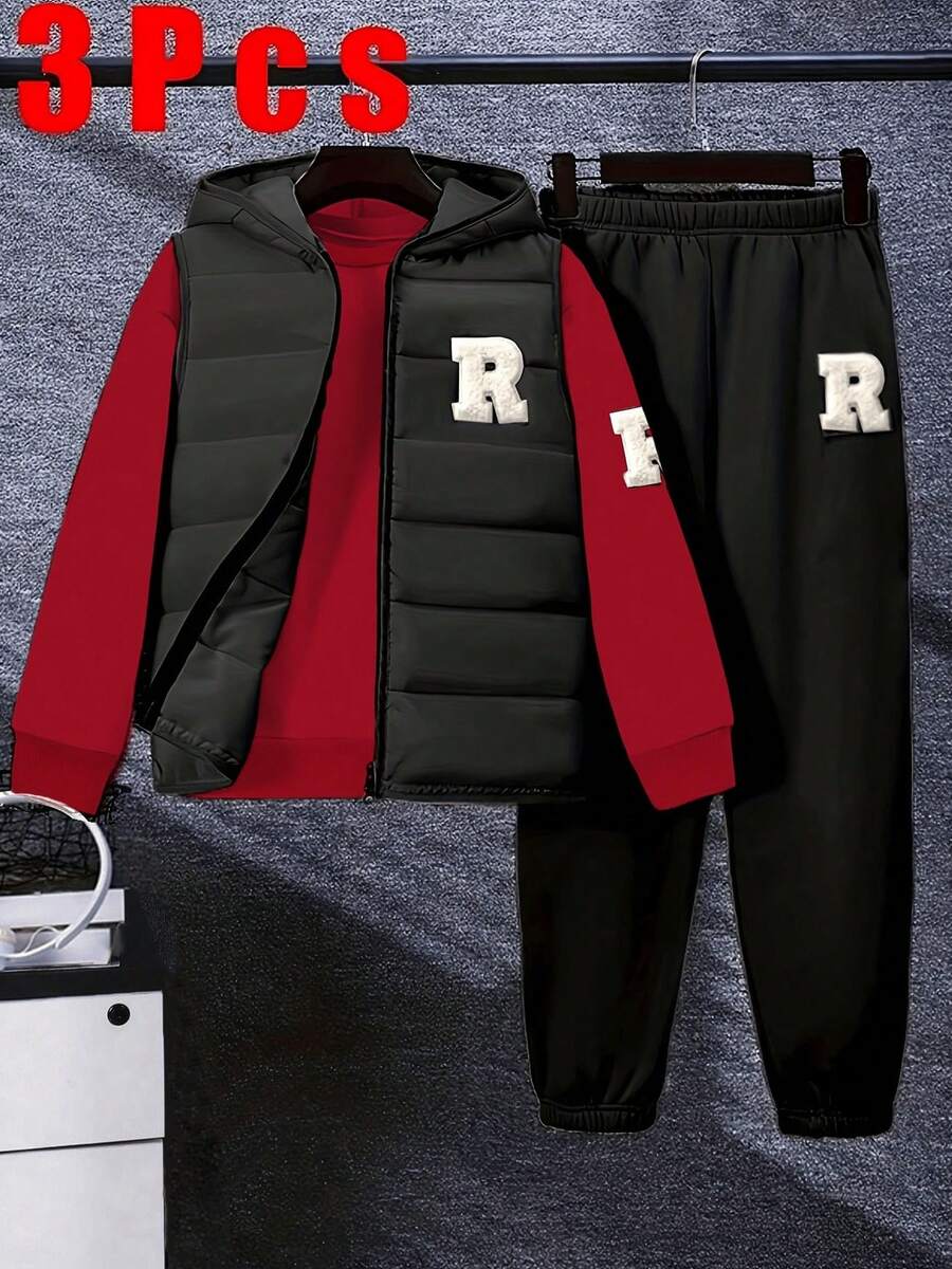 3pcs Boys Warm Set - 8-12Y (Fleece Vest + Sweatshirt + Pants), Autumn/Winter - Black - View 1