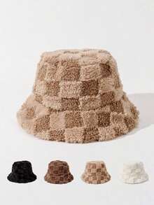 1pc Men's Checkboard Color Block Fuzzy Bucket Hat, Suitable Autumn And Winter Daily Wear Warmth Cute - Màu nâu  Mocha - Xem 4