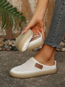 Women's Breathable Hollow-Out Linen Mules, Perforated Mesh Slip-On Sandals, Versatile Soft Sole Summer Shoes - Beige - View 2