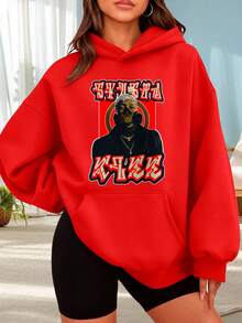 Fashionable Outdoor Hooded Sweater For Women. Black Hoodie With A Men's Image Print And Red Text. Urban Style For Casual And Sporty Wear. Perfect For Dates, Outings, And Holiday Gifts. - 紅色 - 查看 1