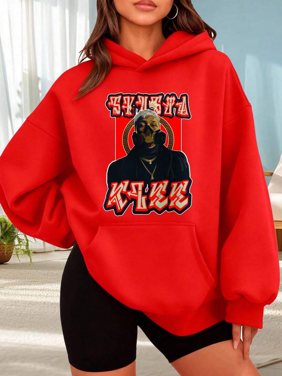 Fashionable Outdoor Hooded Sweater For Women. Black Hoodie With A Men's Image Print And Red Text. Urban Style For Casual And Sporty Wear. Perfect For Dates, Outings, And Holiday Gifts. - 紅色 - 查看 1