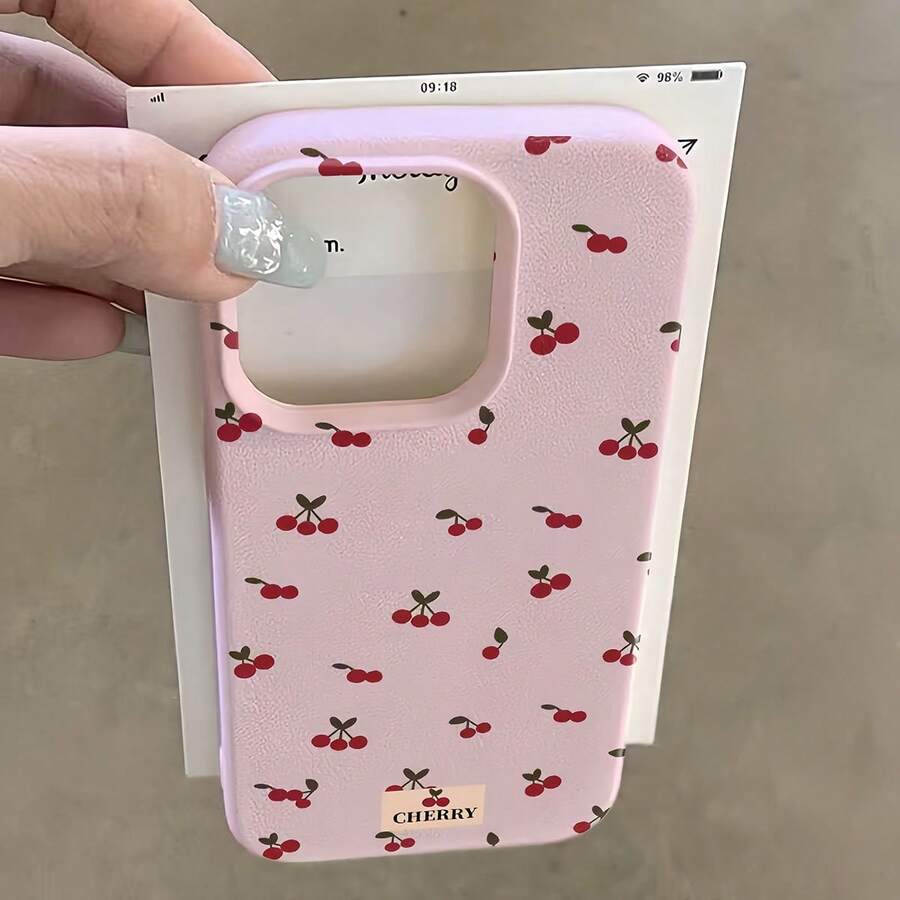 1pc Pink Matte Cherry Style Leather Texture Soft Shockproof Cherry Print Case Compatible With Iphone 14 Pro Max, 13, 12 Pro, 11, XS Max, XR, Couple Phone Case Spring Gift Birthday - Multicolor - View 1