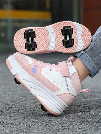 Girls' Four-Wheel Roller Skate Shoes, New Kids Roller Sports Shoes, All-Season PU Leather Lightweight Durable Roller Skates, Fashionable Hook And Loop Adjustable High-Top Double-Wheel Hidden Roller Shoes, Wheels Can Be Freely Detached, 2-In-1 Roller Skating & Ice Skating Shoes, Wheeled Sports Shoes