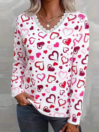 Plus Size Women's Valentine's Day Heart Print Long Sleeve T-Shirt - Casual V-Neck With Lace Trim, Stretchy Polyester Blend, Machine Washable