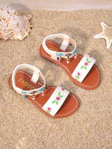 Sandalias planas bordadas de verano para niñas, estilo bohemio, suela blanda antideslizante para la playa, nuevos zapatos de moda para niños - Blanco - Ver 2