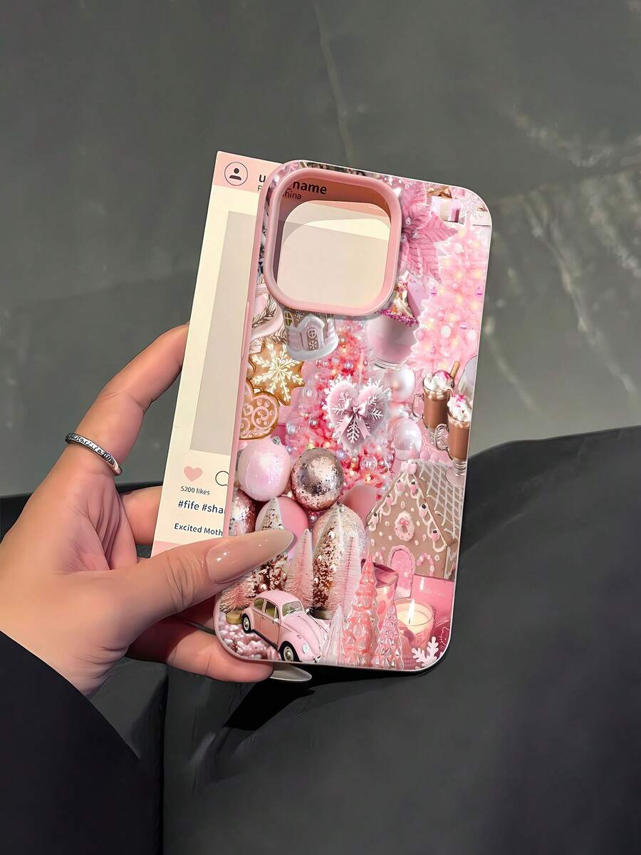 Estuche para teléfono de TPU con diseño de adorno navideño rosa y casa de jengibre compatible con 17, 16 Pro Max, 15 Pro Max, 13 y 12 con función de protección anticaídas y anticaídas Perfecto para regalar a familiares, amigos, amantes, parejas y una excelente opción para las celebraciones navideñas - Rosa - Ver 1