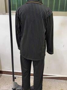 男士条纹睡衣套装，纯棉长袖上衣和长裤，透气吸汗，适合春秋季和秋冬季穿着。 - 黑色 - 查看 10