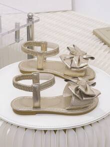 1 pereche de sandale plate la modă pentru copii, piele PU strălucitoare, curea reglabilă cu decor fluture, vârf rotund, sandale plate în stil roman drăguțe, potrivite pentru fete cu vârsta cuprinsă între 5 și 15 ani, zilnic, plajă, petrecere, primăvară/vară - Aur - Vizualizare 6