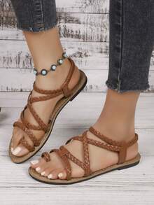 New Fashion Knitted Slippers - Comfortable Thick Bottom, Artificial Leather Fabric Coat And Plastic Sole, All Season Casual Shoes, Comfortable Women's Shoes - Brown - View 4