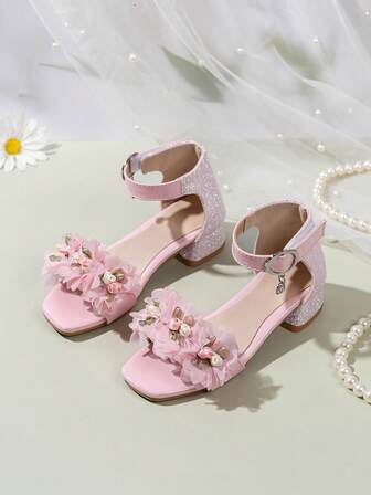 1 Pair Shiny Floral Decor Versatile High Heel Fashion Sandals, Stylish Princess Sandals For Girls, Summer