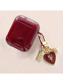 Glossy Wine Red TPU Earphone Protective Case With Faux Pearl Chain And 3D Heart Design, Compatible With Airpods 1/2/3/4, Pro 3/Pro 2, Scratch-Resistant, Shock-Proof, Soft , Mother's Day, Valentine's Day, Birthday Gift, Girlfriend Gift - Burgundy - View 13