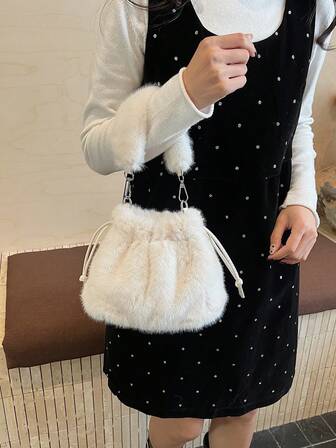 New Solid-Color Plush Bag, Hand-Held Bag, Large-Capacity Chain Shoulder Bag, Exquisite Drawstring, Lightweight Bucket, Crossbody Bag